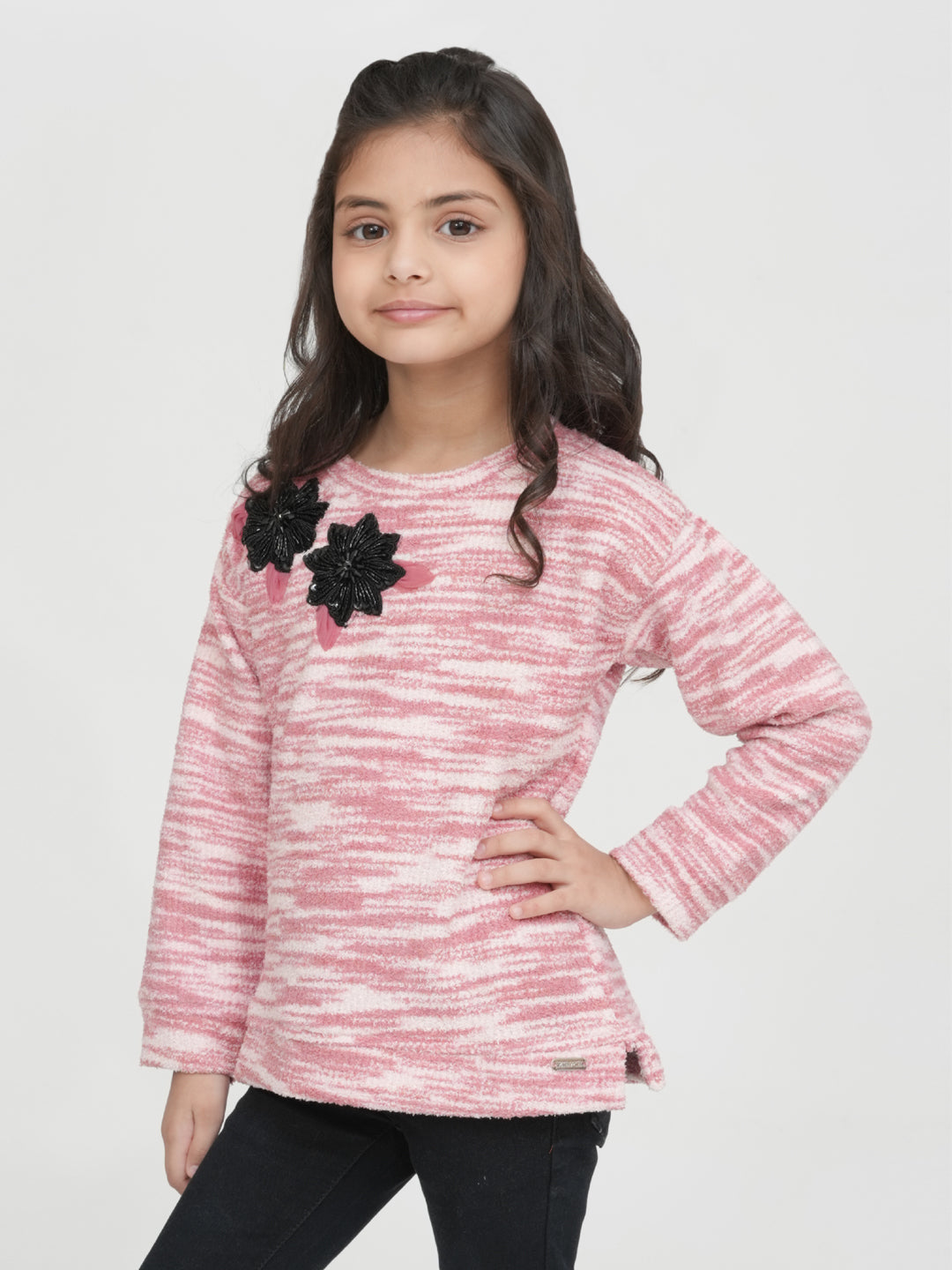 Pampolina Pink and White Fuzzy Striped Sweater with Flower Embellishments