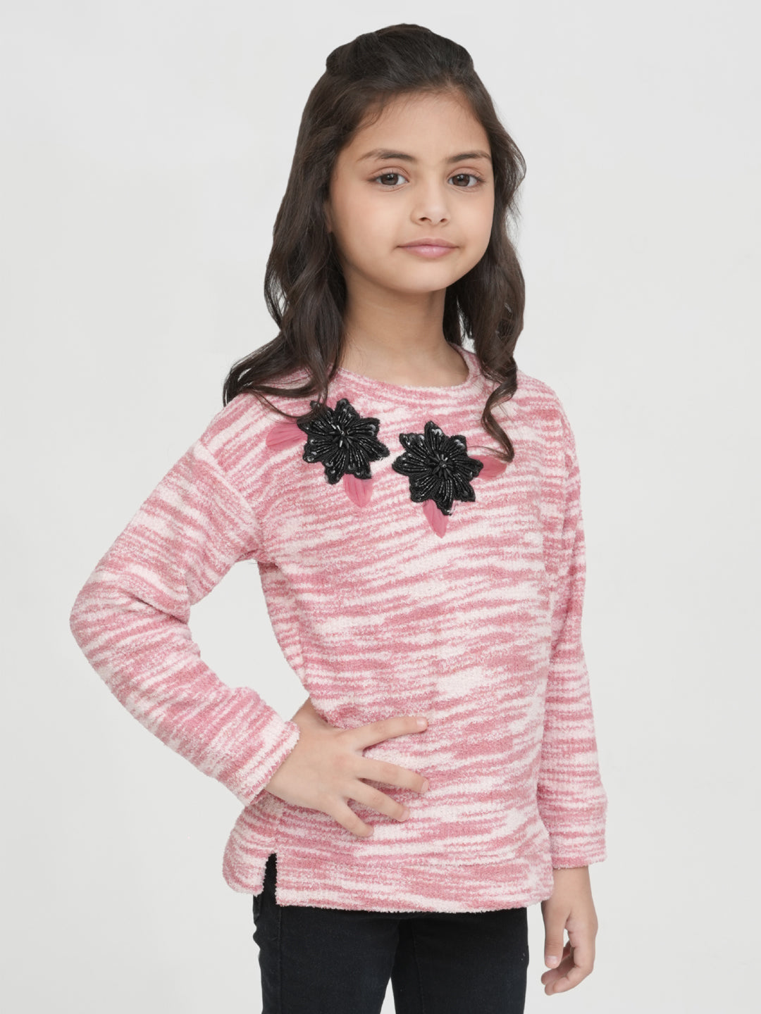 Pampolina Pink and White Fuzzy Striped Sweater with Flower Embellishments