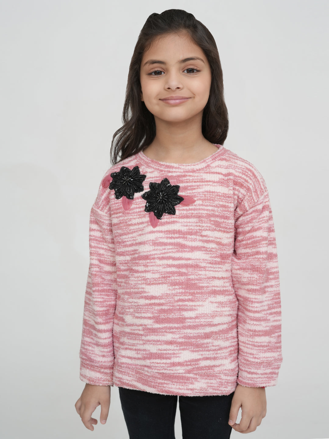 Pampolina Pink and White Fuzzy Striped Sweater with Flower Embellishments