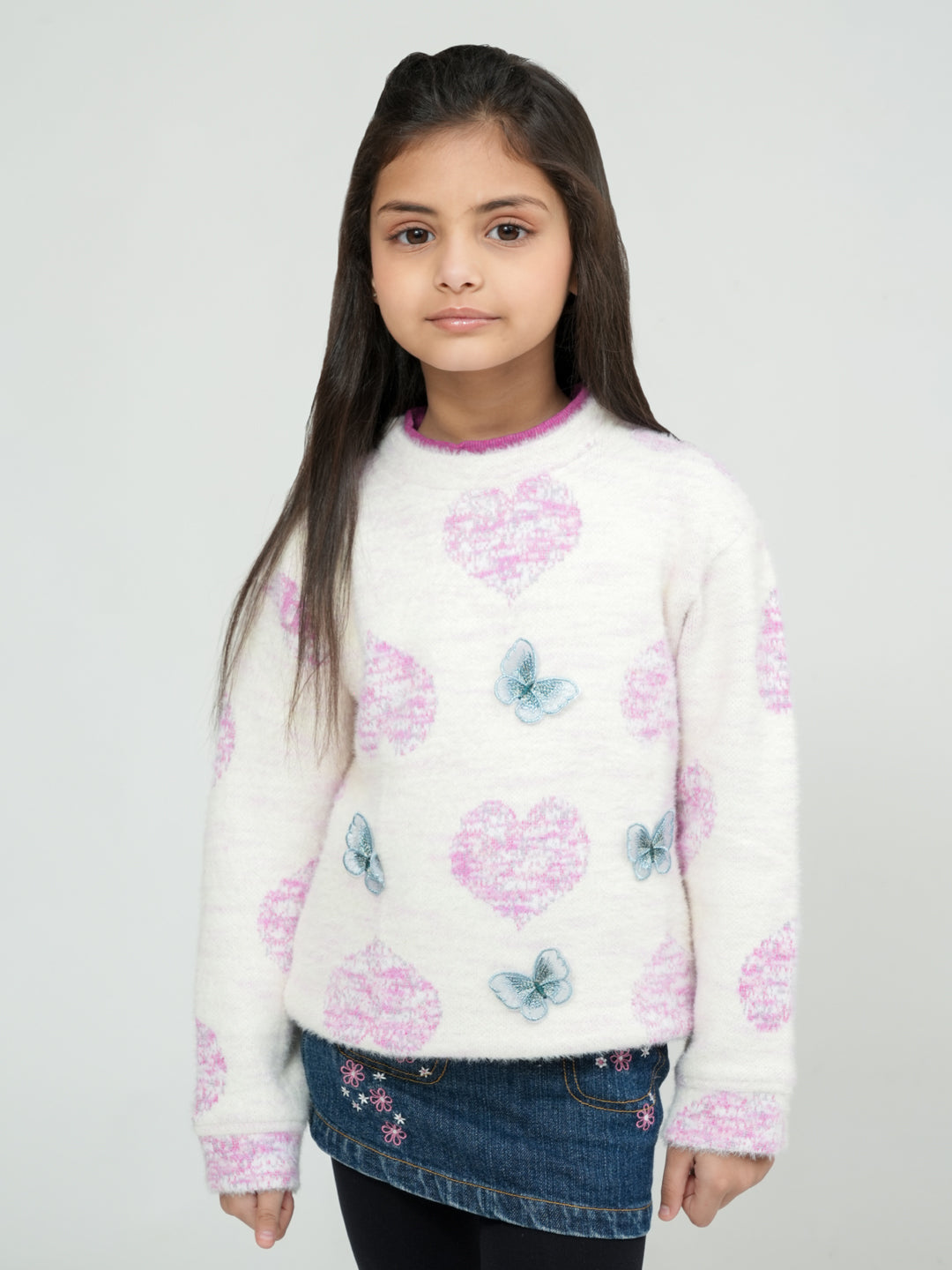 Pampolina White Heart and Butterfly Embroidered Sweater