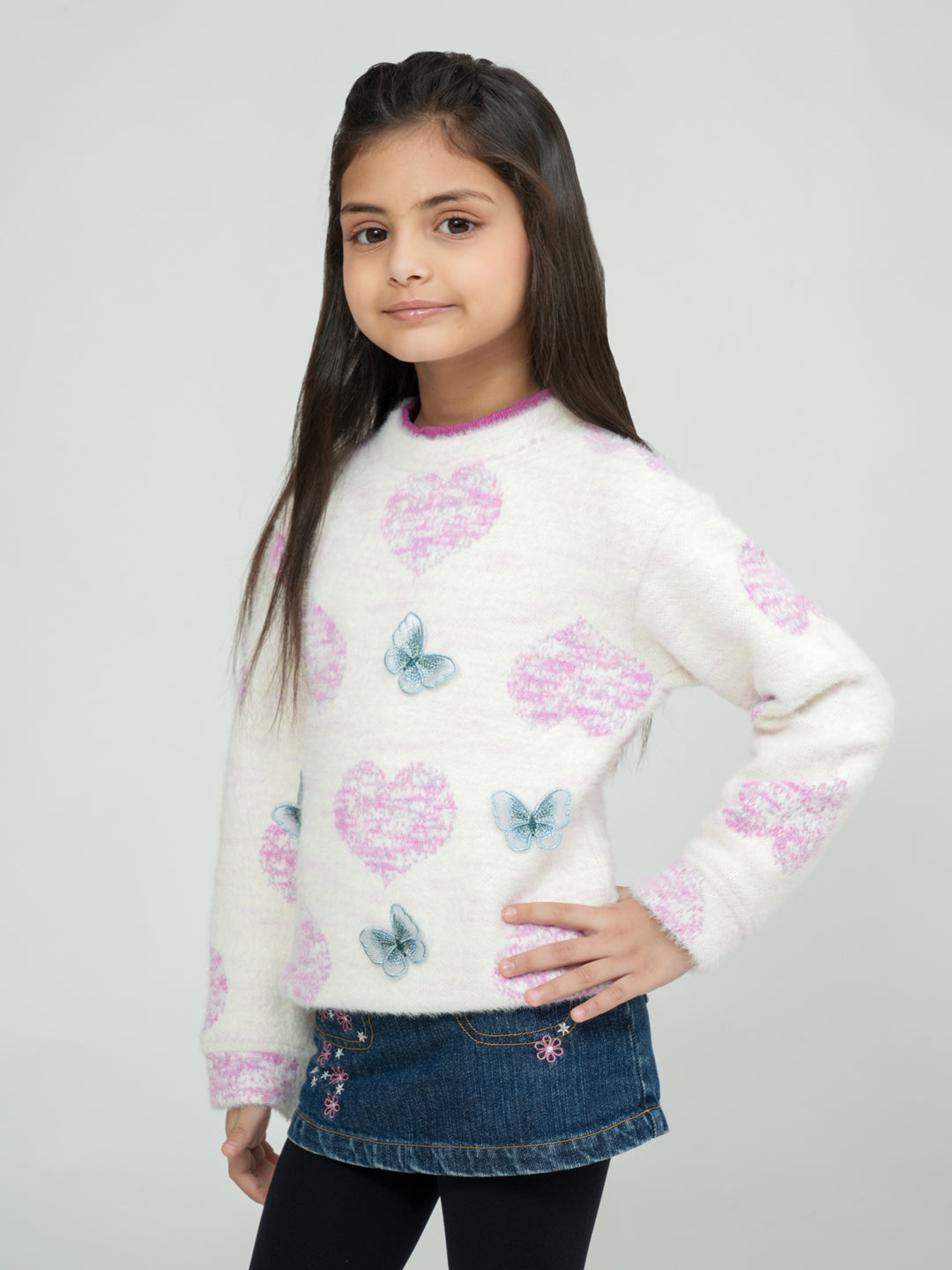 Pampolina White Heart and Butterfly Embroidered Sweater