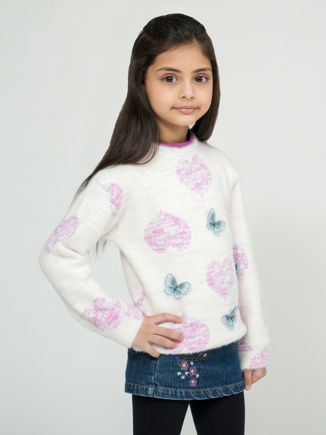 Pampolina White Heart and Butterfly Embroidered Sweater