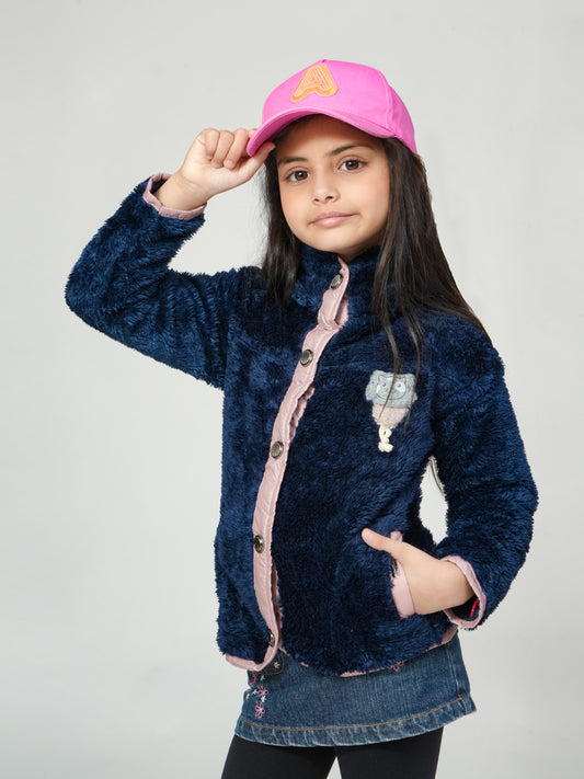 Pampolina Blue Fuzzy Button-Up Jacket with Pink Details