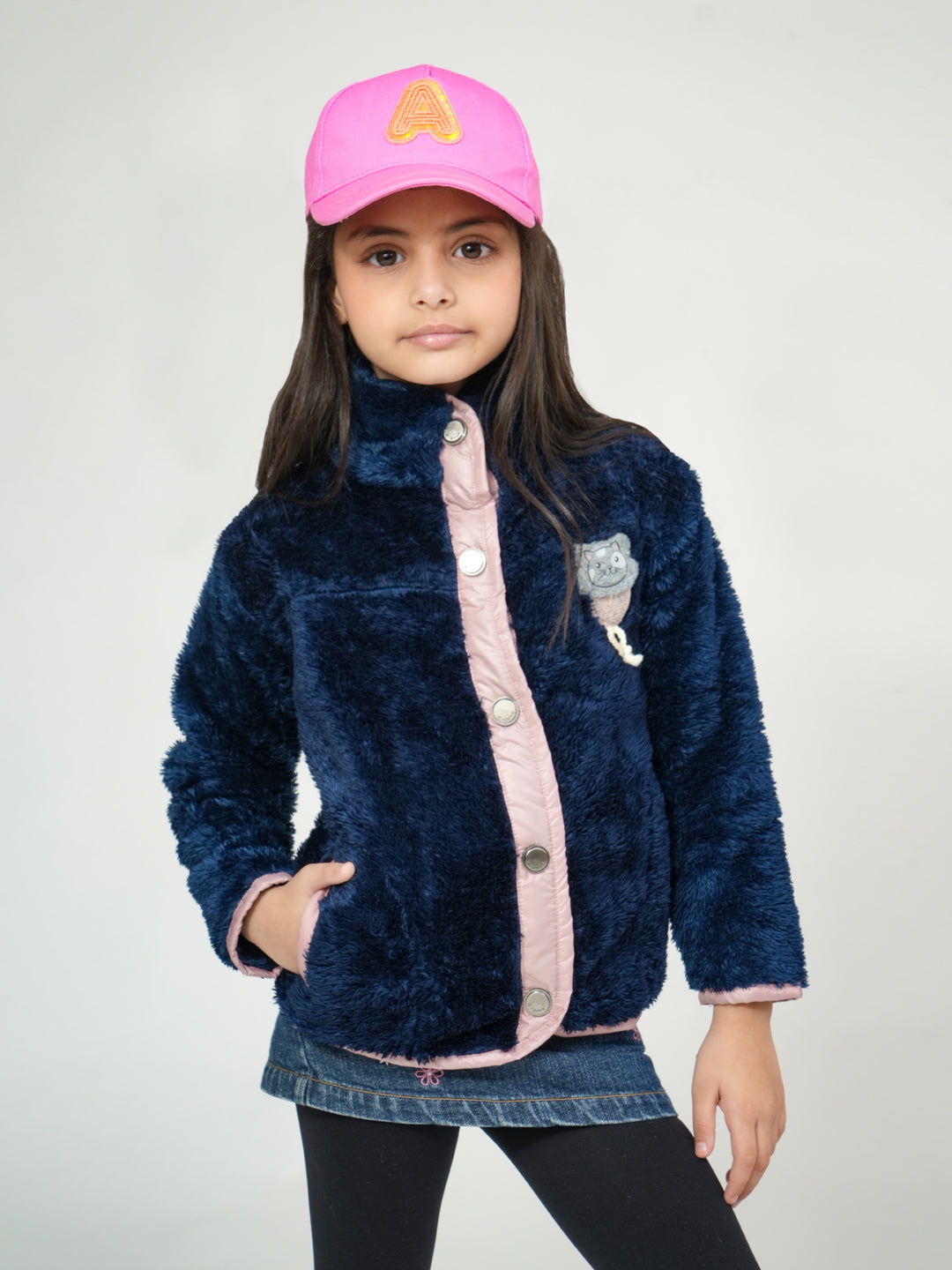 Pampolina Blue Fuzzy Button-Up Jacket with Pink Details