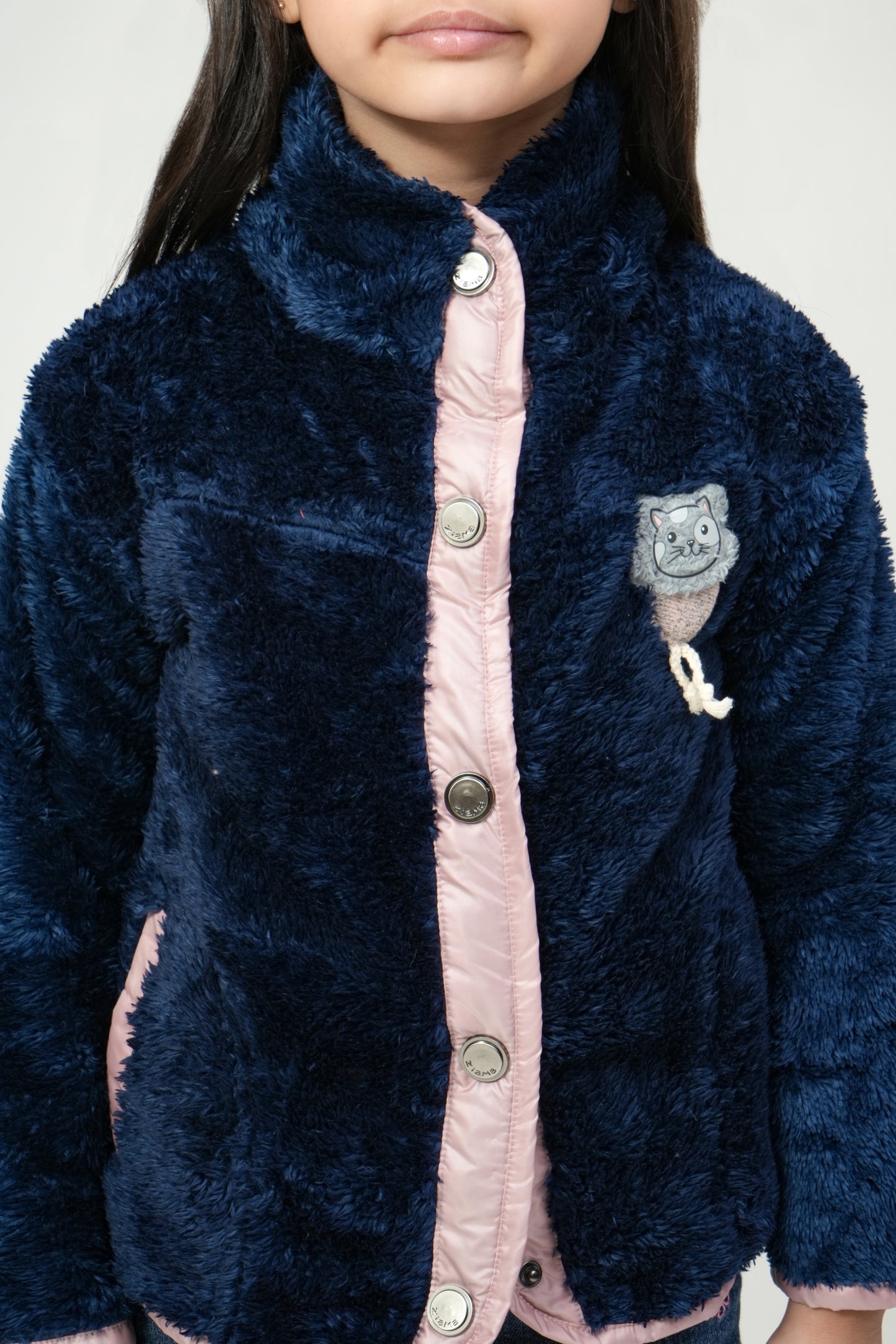 Pampolina Blue Fuzzy Button-Up Jacket with Pink Details