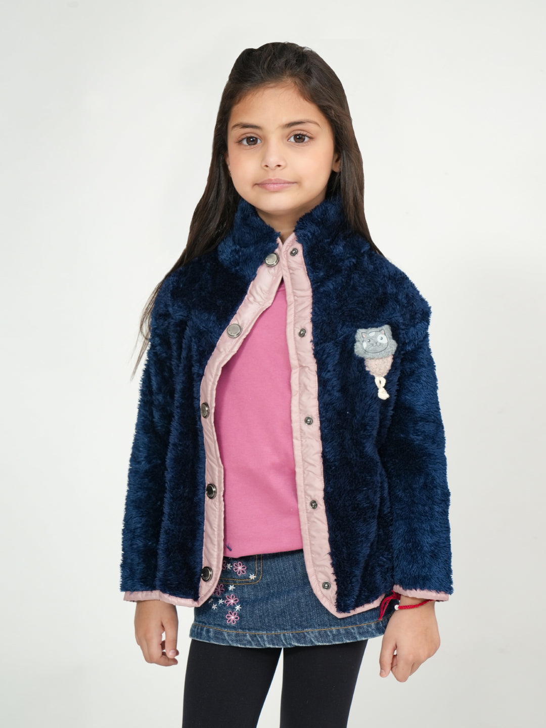 Pampolina Blue Fuzzy Button-Up Jacket with Pink Details