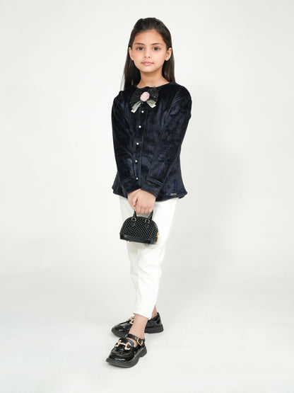 Pampolina Girls' Navy Sharing Long-Sleeve Top with Bow and Floral Accent