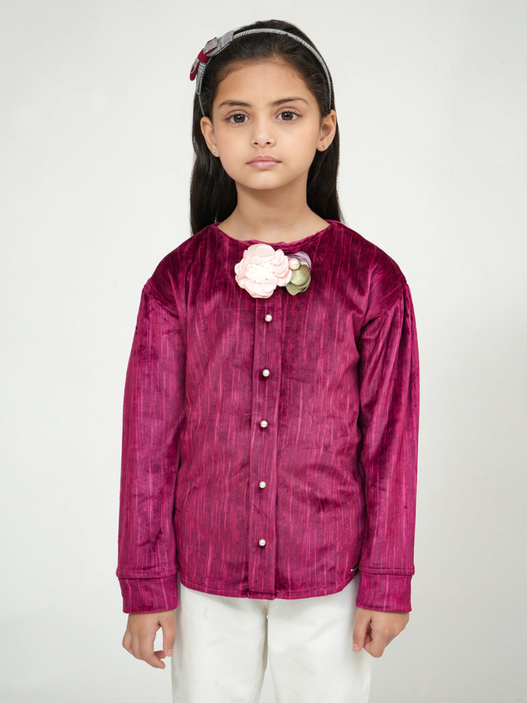 Pampolina Girls' Mehroon Sharing Long-Sleeve Top with Bow and Floral Accent