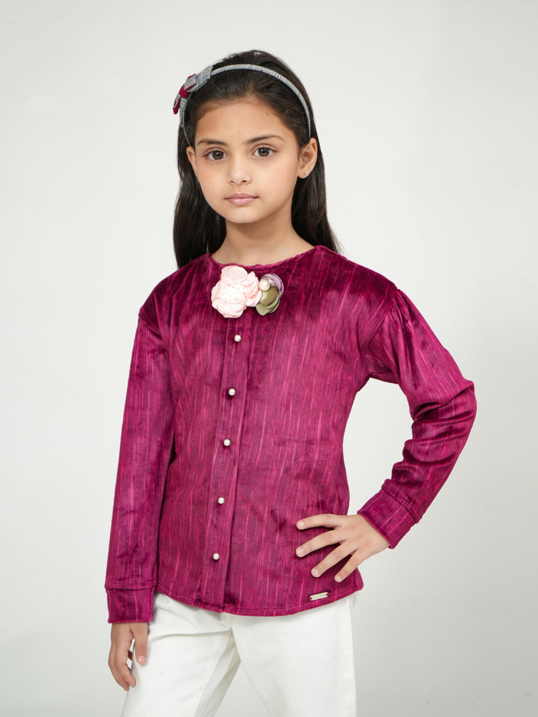 Pampolina Girls' Mehroon Sharing Long-Sleeve Top with Bow and Floral Accent