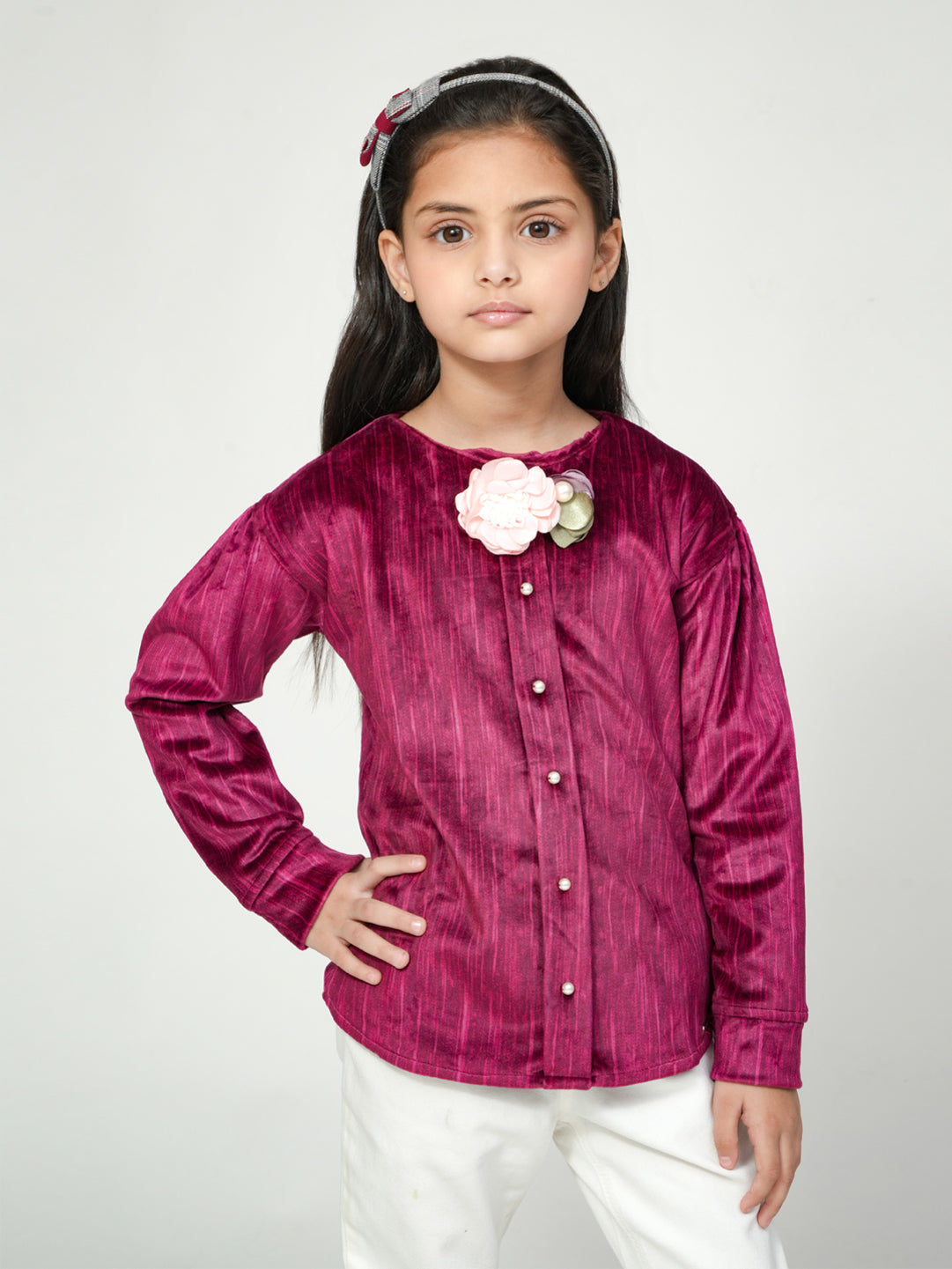 Pampolina Girls' Mehroon Sharing Long-Sleeve Top with Bow and Floral Accent