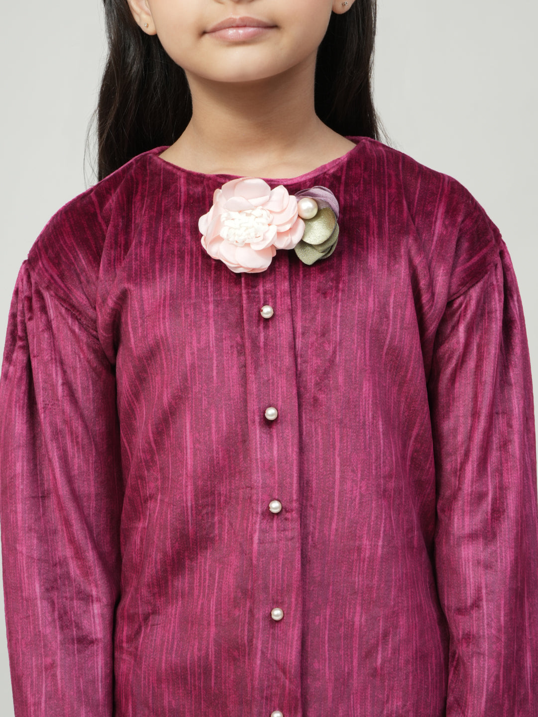 Pampolina Girls' Mehroon Sharing Long-Sleeve Top with Bow and Floral Accent