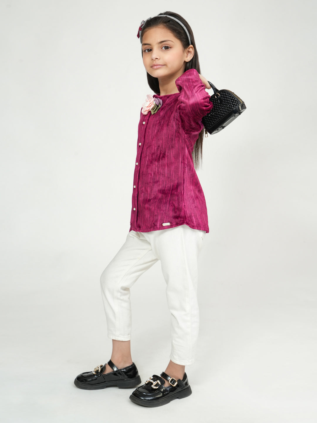 Pampolina Girls' Mehroon Sharing Long-Sleeve Top with Bow and Floral Accent