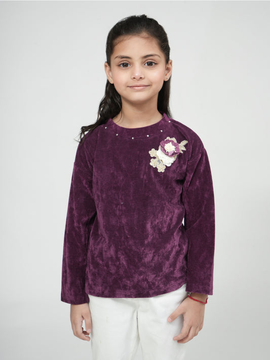 Pampolina  Purple Corduroy Top with Flower Detail