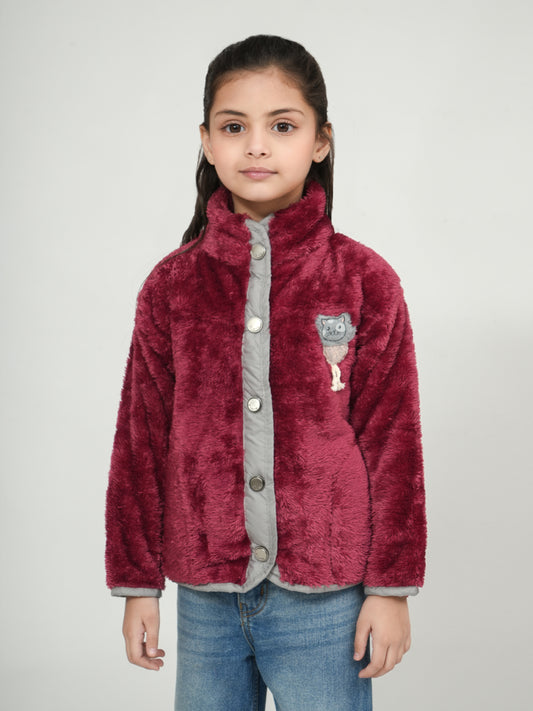 Pampolina Mehroon Fuzzy Button-Up Jacket with Pink Details