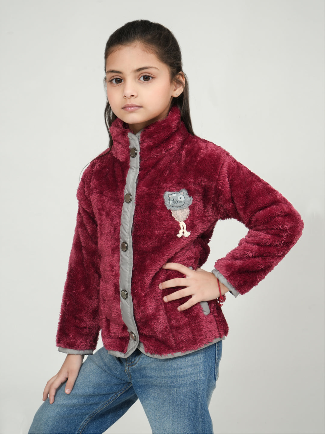 Pampolina Mehroon Fuzzy Button-Up Jacket with Pink Details