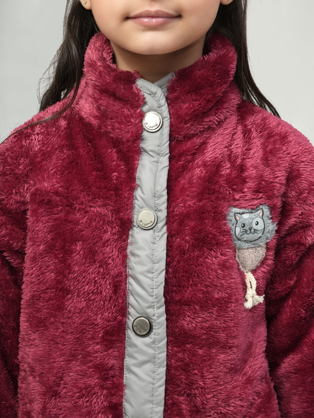 Pampolina Mehroon Fuzzy Button-Up Jacket with Pink Details