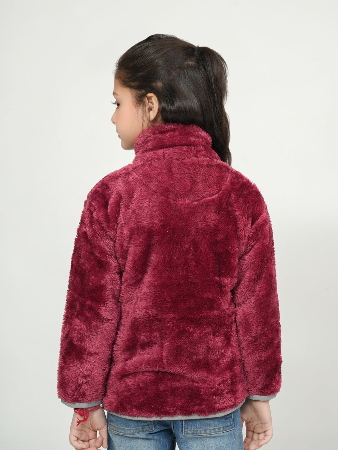 Pampolina Mehroon Fuzzy Button-Up Jacket with Pink Details