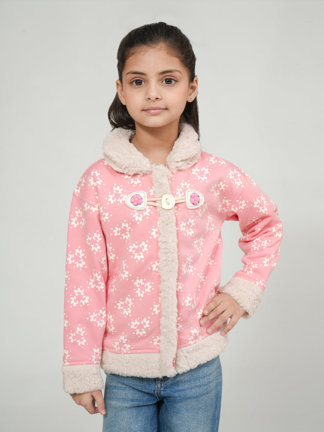 Pampolina Pink Floral Toggle Jacket with Faux Fur Lining