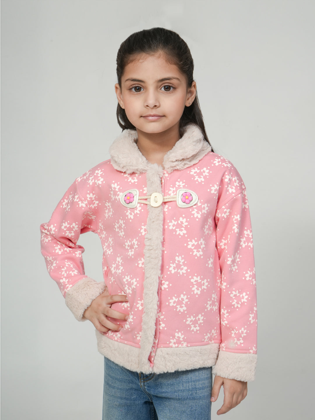 Pampolina Pink Floral Toggle Jacket with Faux Fur Lining