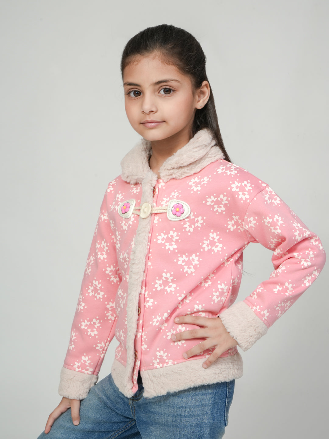 Pampolina Pink Floral Toggle Jacket with Faux Fur Lining