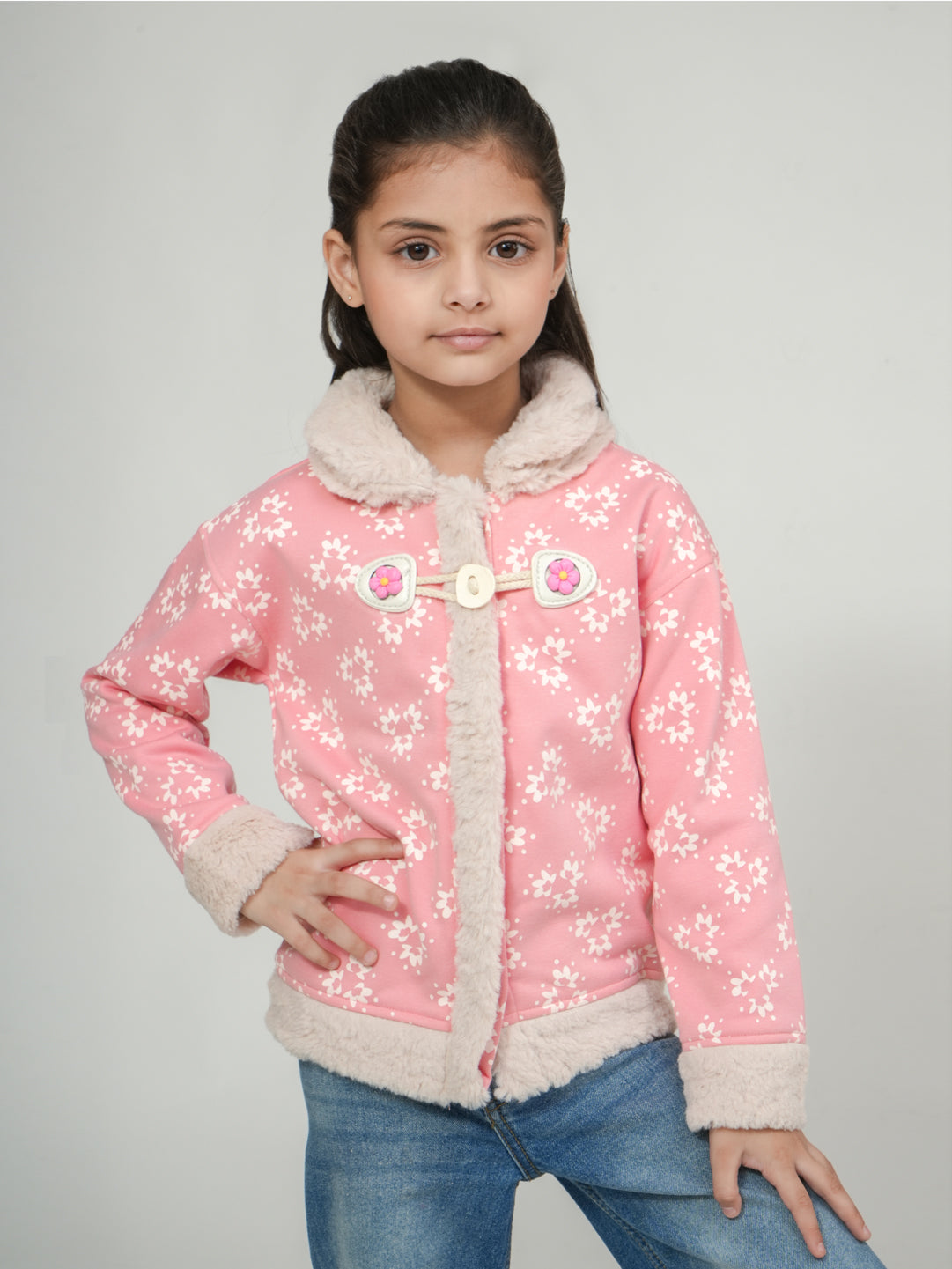 Pampolina Pink Floral Toggle Jacket with Faux Fur Lining