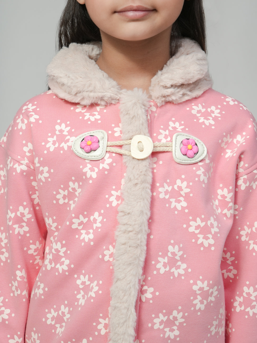 Pampolina Pink Floral Toggle Jacket with Faux Fur Lining