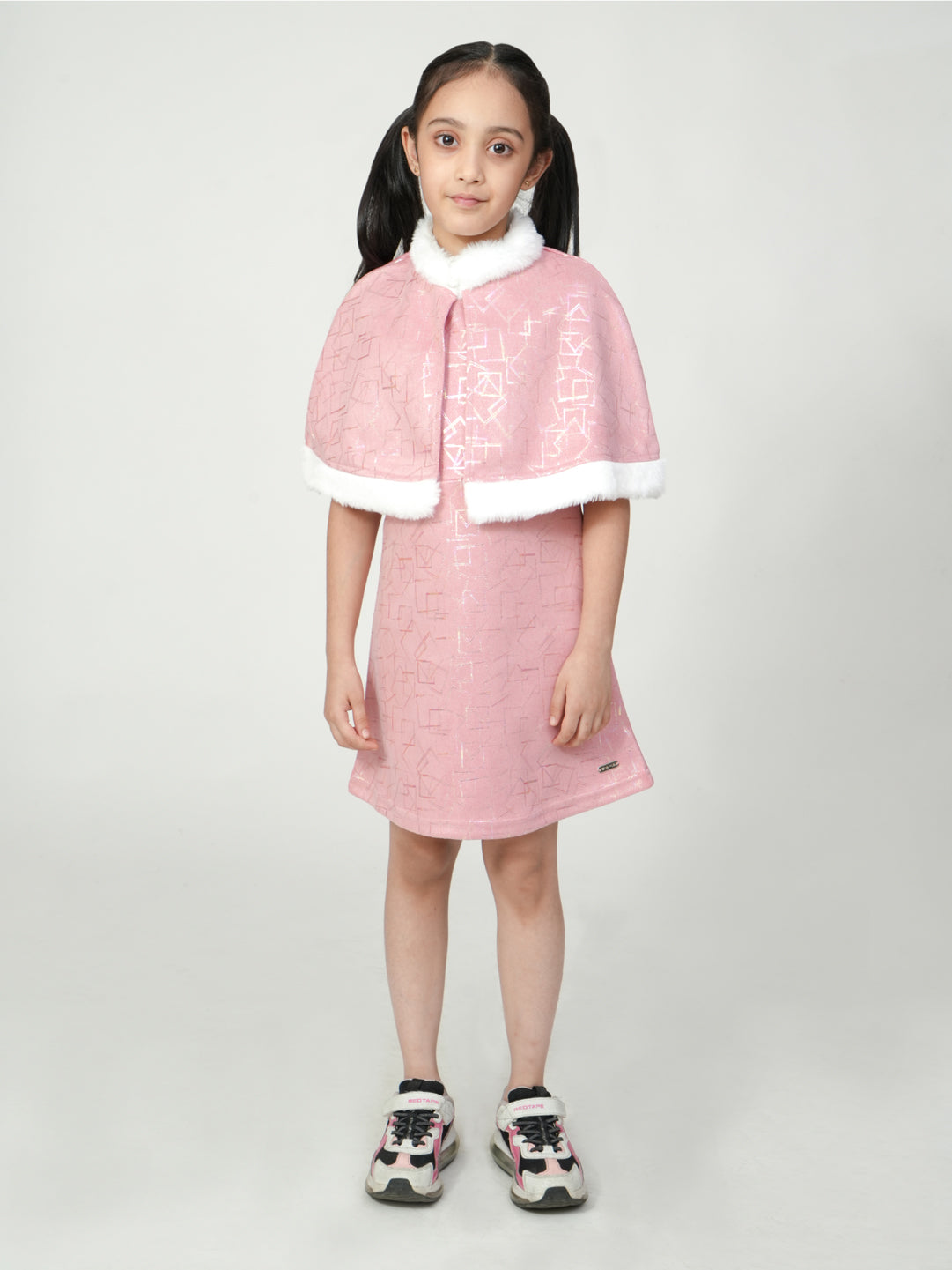 Pampolina Pink Geometric Dress with Faux Fur Cape