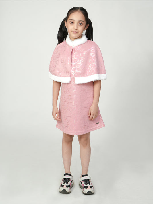 Pampolina Pink Geometric Dress with Faux Fur Cape