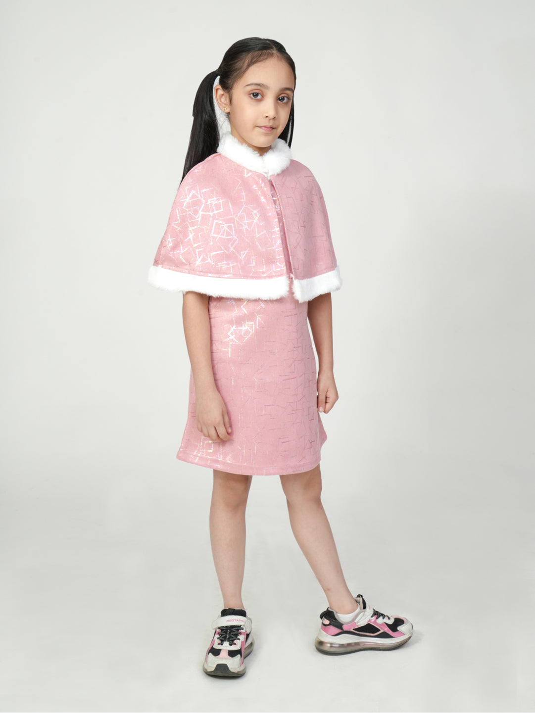 Pampolina Pink Geometric Dress with Faux Fur Cape