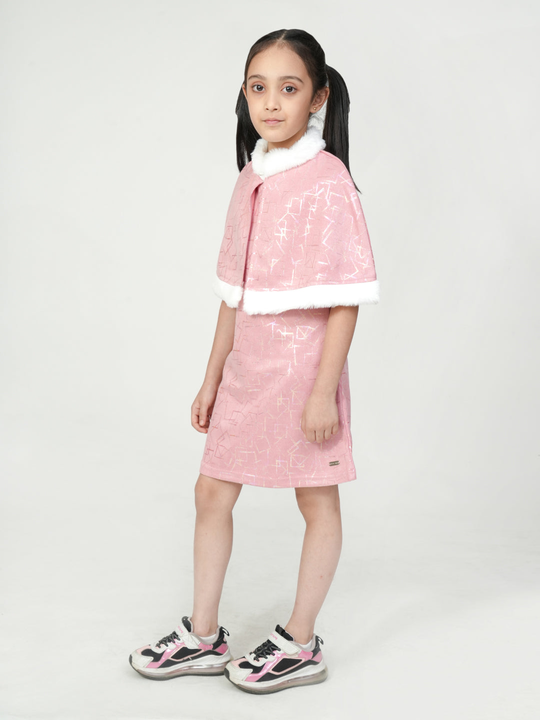 Pampolina Pink Geometric Dress with Faux Fur Cape