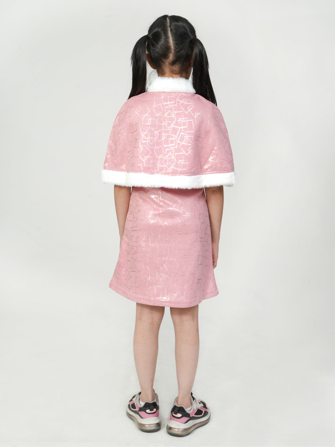 Pampolina Pink Geometric Dress with Faux Fur Cape