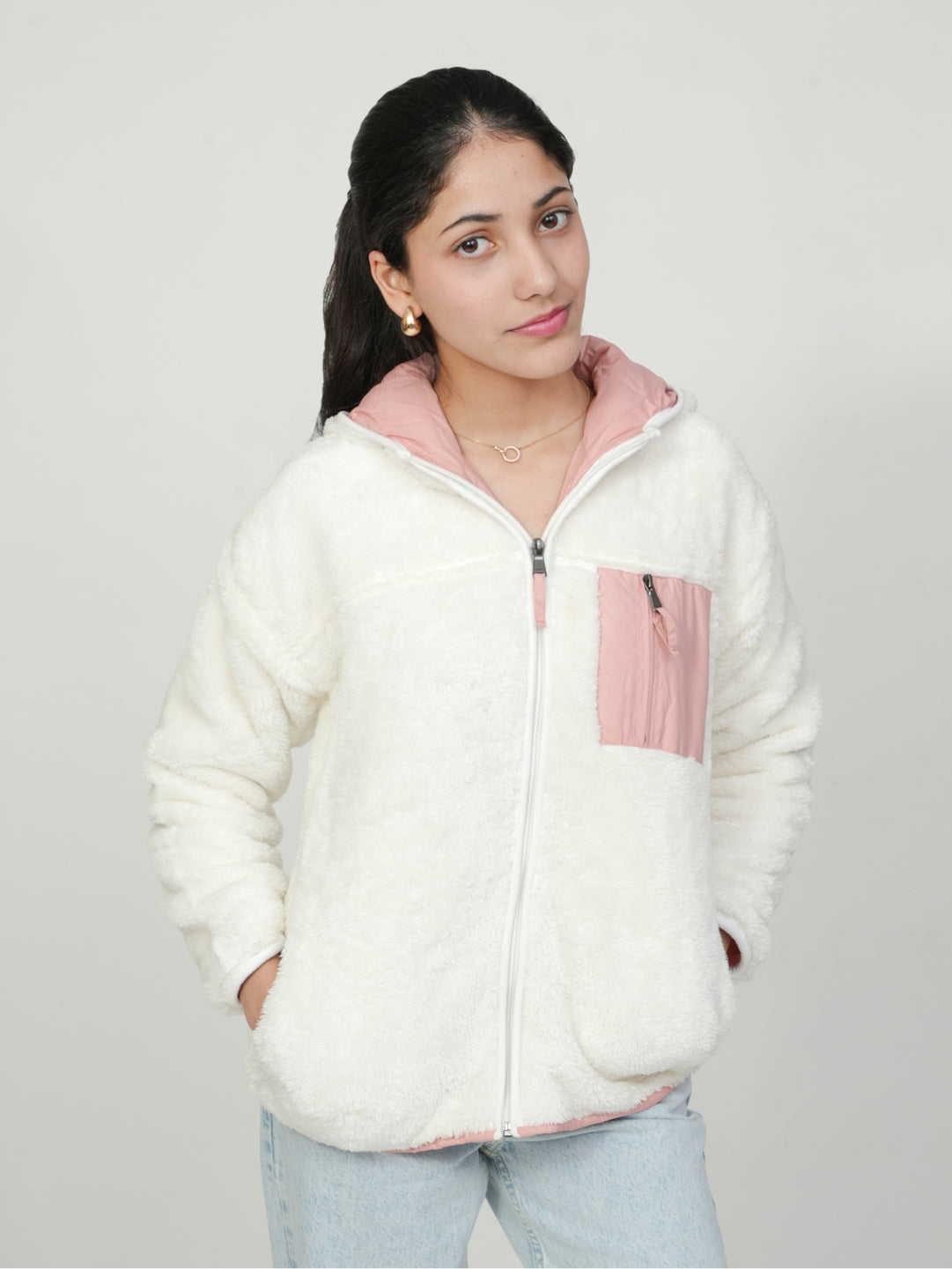 Pampolina White Fuzzy Zip-Up Jacket with Pink Details