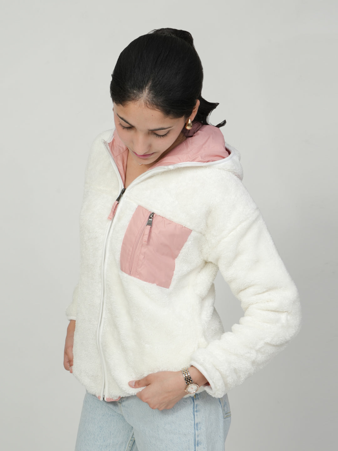 Pampolina White Fuzzy Zip-Up Jacket with Pink Details