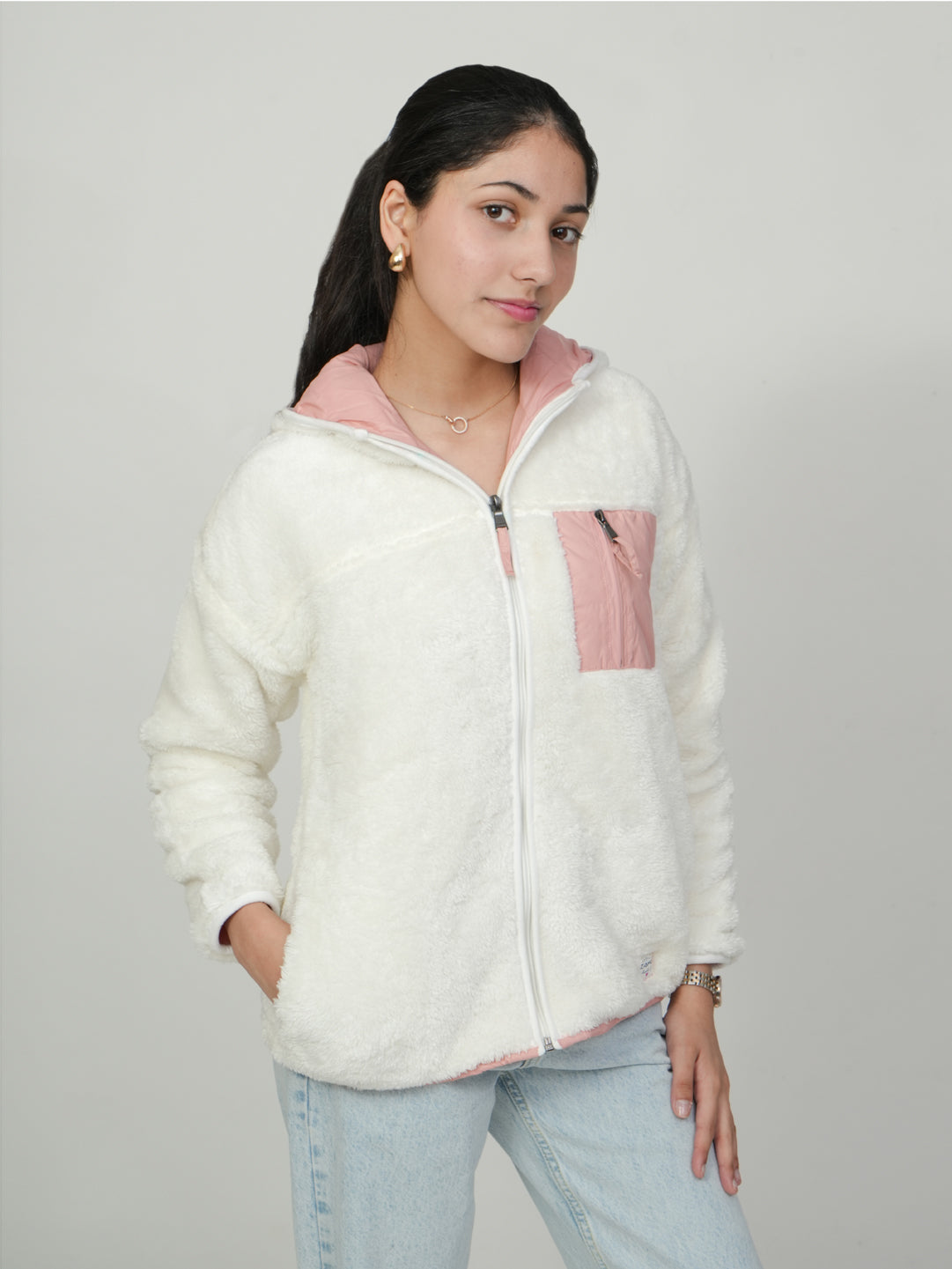 Pampolina White Fuzzy Zip-Up Jacket with Pink Details