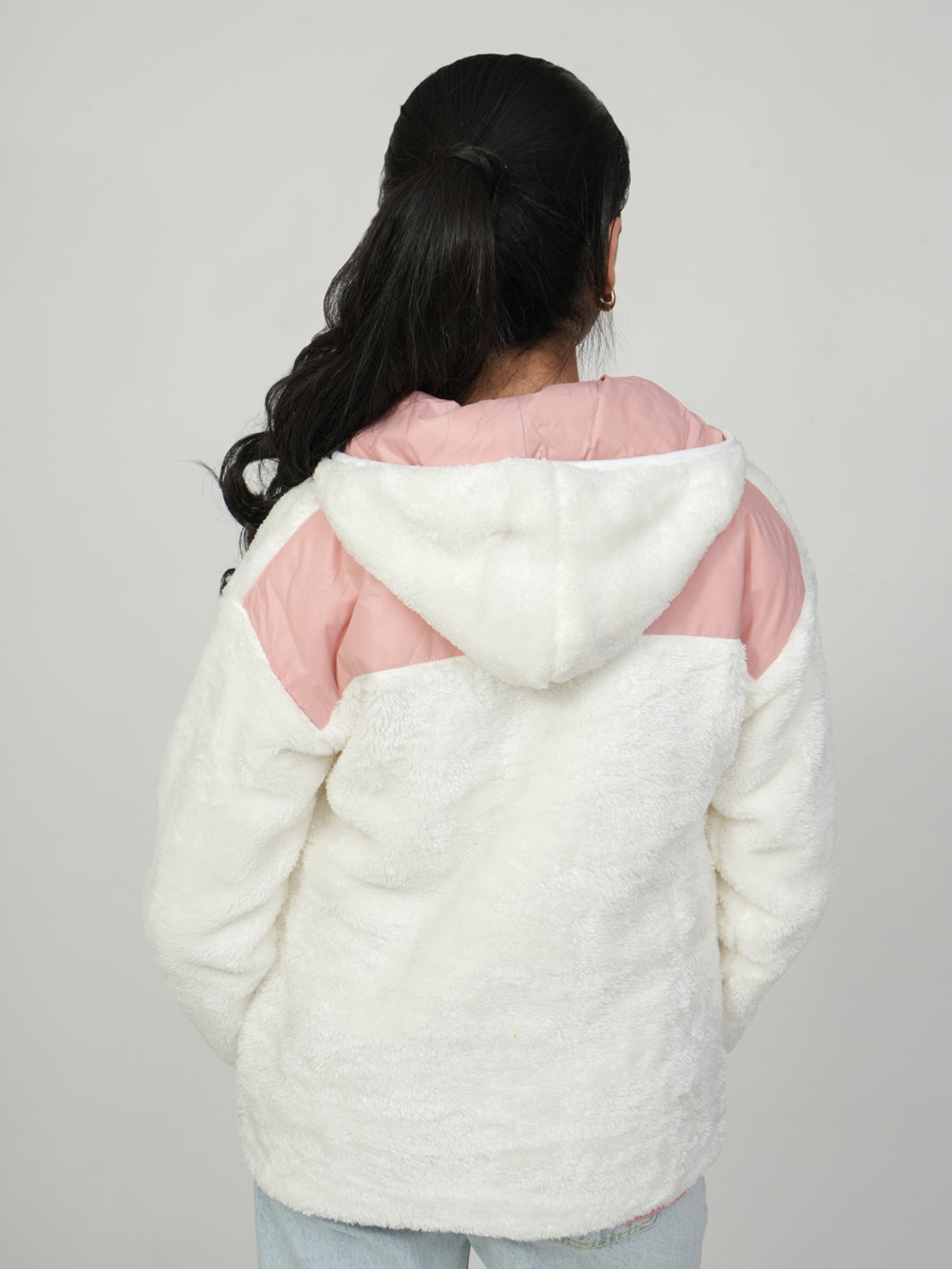 Pampolina White Fuzzy Zip-Up Jacket with Pink Details