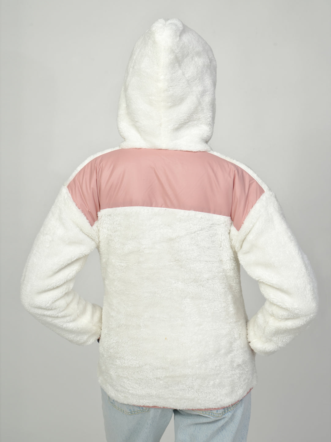 Pampolina White Fuzzy Zip-Up Jacket with Pink Details