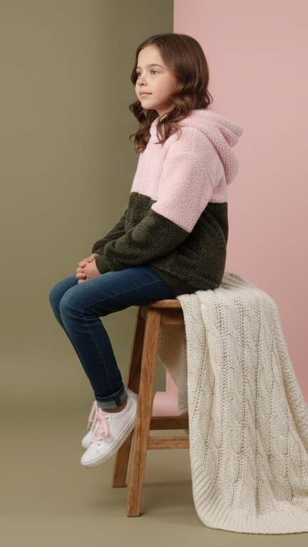 Chic Pink & Grey Teddy Fleece Half-Zip Hoodie for Girls