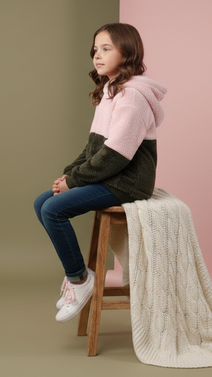 Chic Pink & Grey Teddy Fleece Half-Zip Hoodie for Girls