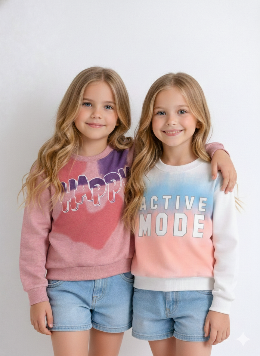 Girls' Long Sleeve Graphic Pullover – Vibrant "Happy" & "Active" Designs