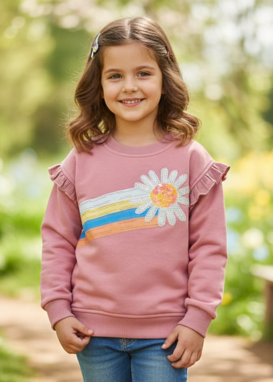 Girls' Pink Ruffle-Shoulder Daisy & Rainbow Stripe Sweatshirt