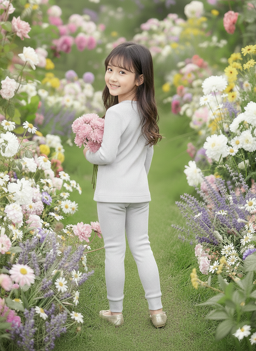 The "Flora" Long-Sleeve Smocked Thermal – Soft Grey Cotton with Solid