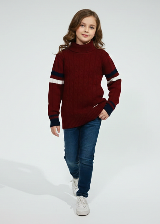 Pampolina Cable Knit Stripe Detail Sweater With Mahroon Color