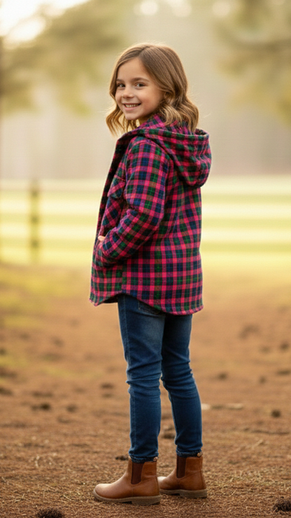 Girls' Button-Up Plaid Outerwear with Dual Chest Pockets