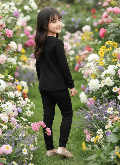 The "Flora" Long-Sleeve Smocked Thermal – Soft Black Cotton with Solid