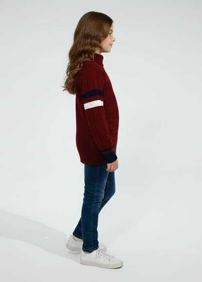 Pampolina Cable Knit Stripe Detail Sweater With Mahroon Color