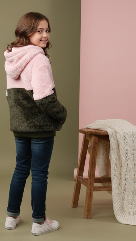 Chic Pink & Grey Teddy Fleece Half-Zip Hoodie for Girls