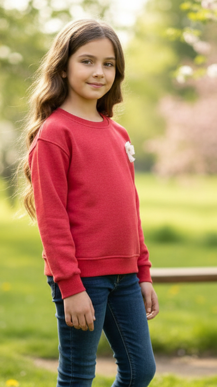 Sweet Girls' Bright Red Crewneck Sweatshirt with Delicate Bow Appliqué