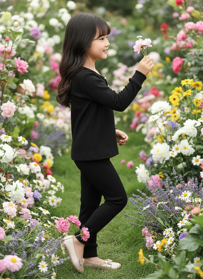 The "Flora" Long-Sleeve Smocked Thermal – Soft Black Cotton with Solid