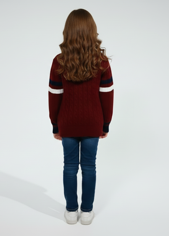 Pampolina Cable Knit Stripe Detail Sweater With Mahroon Color