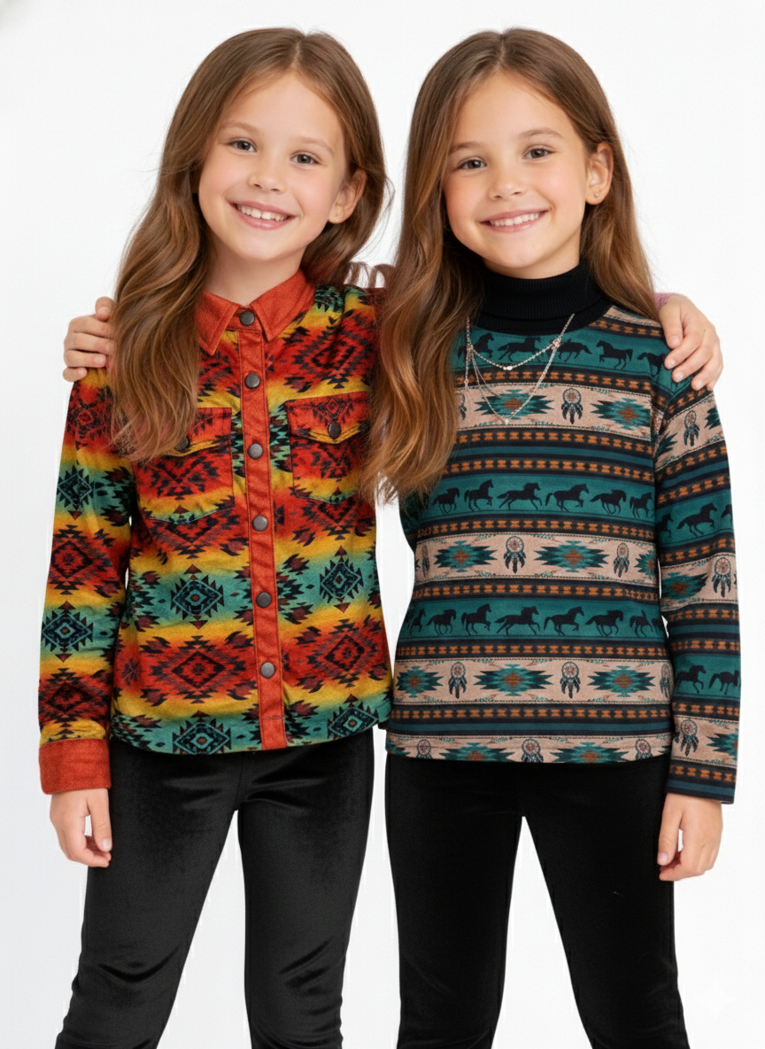 Girls' Western Southwest Collection | Aztec Print Button-Down & Horse Motif Mock Neck Set